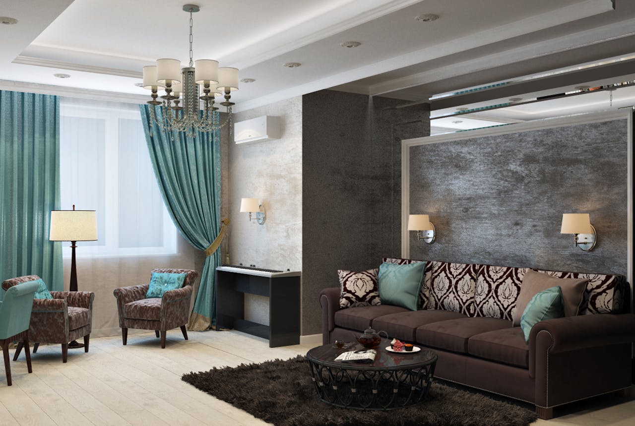 gallery-05 Luxurious modern living room with chandelier, sofa, armchairs, and stylish decor.