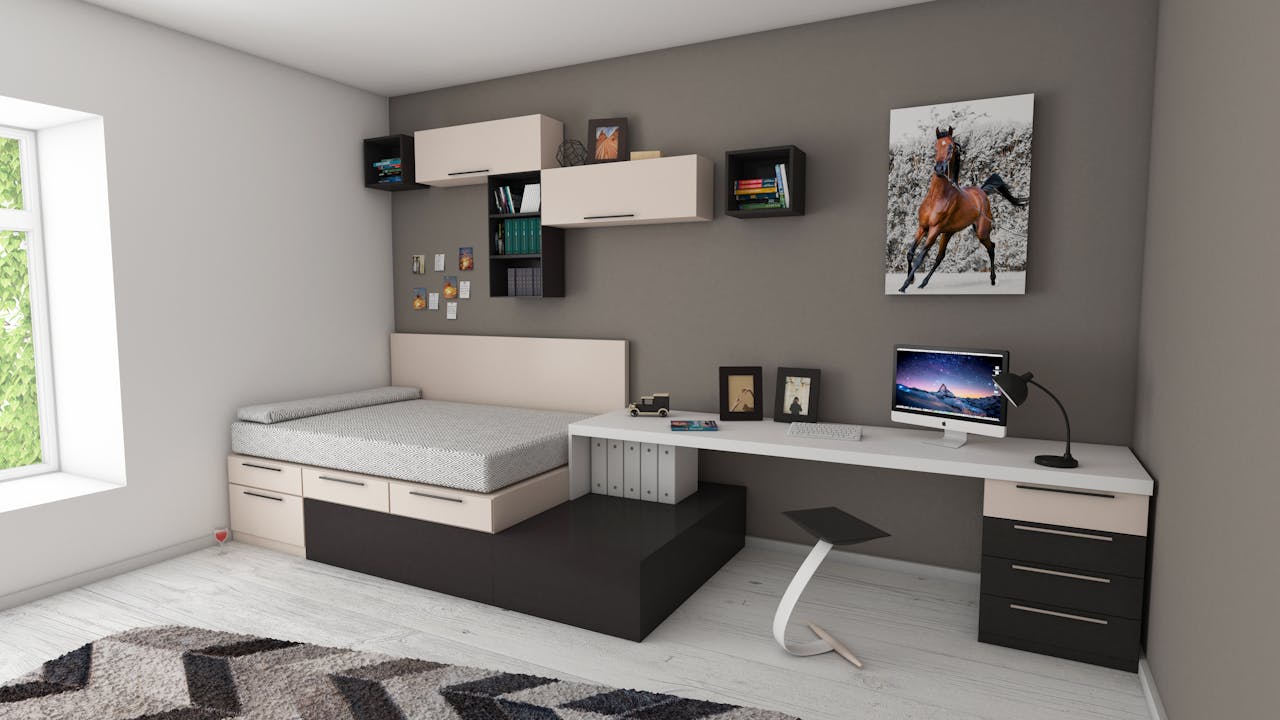 gallery-04 Stylish minimalist bedroom with modern furnishings and workspace area, perfect for home offices.